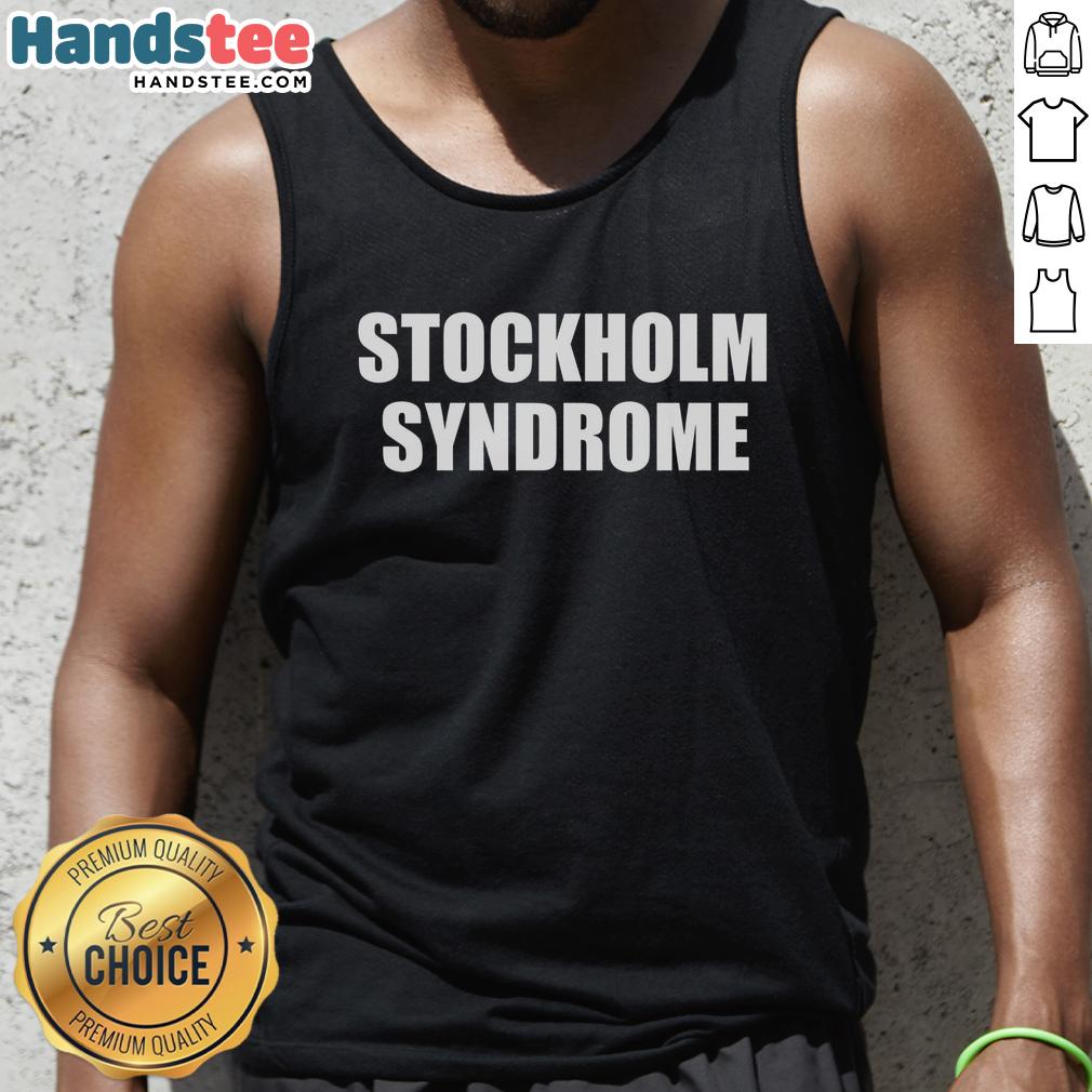 good-stockholm-syndrome-embrace-the-danger-tank-top Model wearing a 'Good Stockholm Syndrome' tank top, showcasing a bold design that embraces danger and edgy fashion.