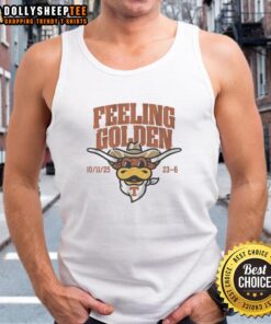 Good Texas Football Feeling Golden Tank Top displayed on a wooden surface, perfect for game day and casual wear.