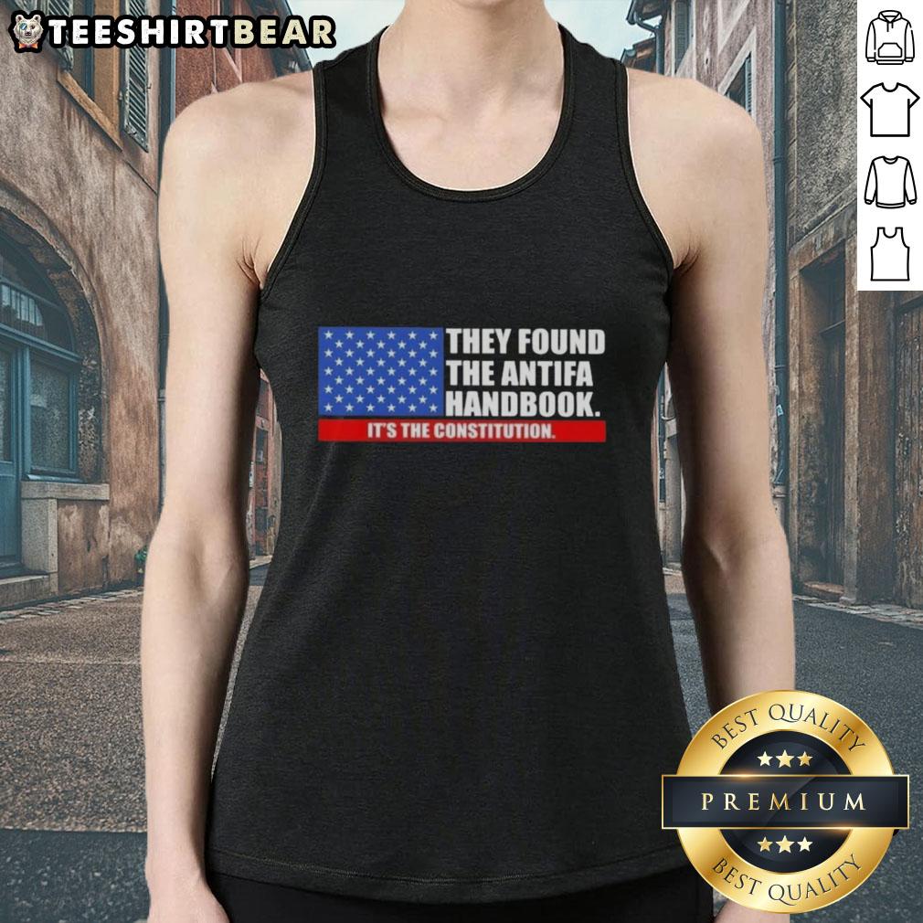 Good They Found The Handbook It'S The Constitution Us Flag Tank Top Woman wearing a US flag tank top featuring 'Good, they found the handbook: It's the Constitution' design.