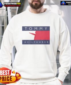 Good Tommy Heilfuhrer logo parody sweatshirt featuring a humorous design with bold graphics and vibrant colors.