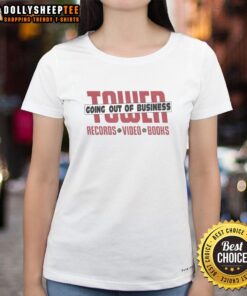 Good Tower Records video books ladies tee featuring retro graphics and vibrant colors for music lovers and fashion enthusiasts.