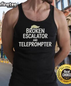 Good Trump Hair on a person wearing a tank top near a broken escalator and teleprompter, showcasing a unique style.
