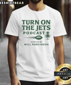 Good Turn On The Jets Podcast T-Shirt featuring vibrant graphics and a stylish design for podcast fans and Jets enthusiasts.