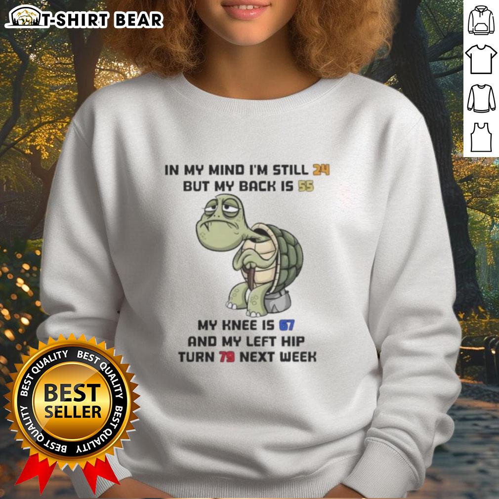 Good Turtle In My Mind I'm Still 24 But My Back Is 55 My Knee Is 67 And My Left Hip Turn 79 Next Week Sweatshirt Cozy sweatshirt design featuring 'Good Turtle' graphic and humorous text about aging, perfect for casual wear.