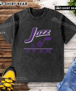 Vintage washed t-shirt featuring the Utah Jazz logo, perfect for fans seeking stylish sports apparel.