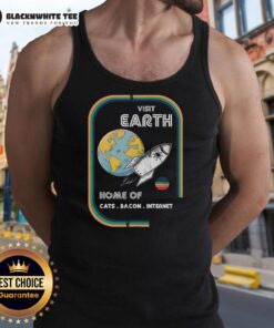 Retro space tank top featuring cats, bacon, and internet themes, perfect for cat lovers and quirky fashion enthusiasts.