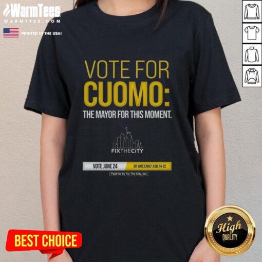 Good Vote For Cuomo graphic on a ladies tee, promoting Fix The City Inc's message for this moment.