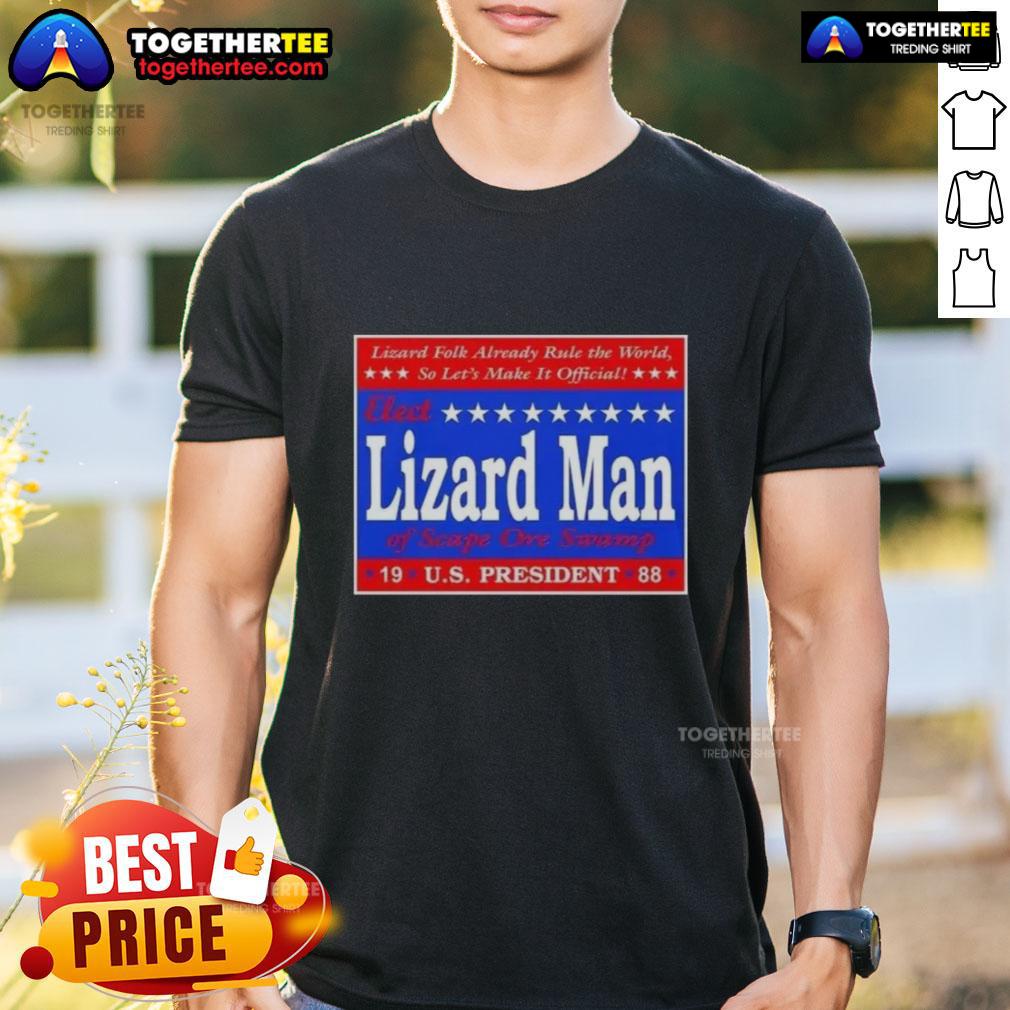Good Vote Lizard Man Of Scape Ore Swamp Us President 1988 T Shirt Alt Text: Good Vote Lizard Man Of Scape Ore Swamp 1988 US President T-Shirt featuring a whimsical lizard design.