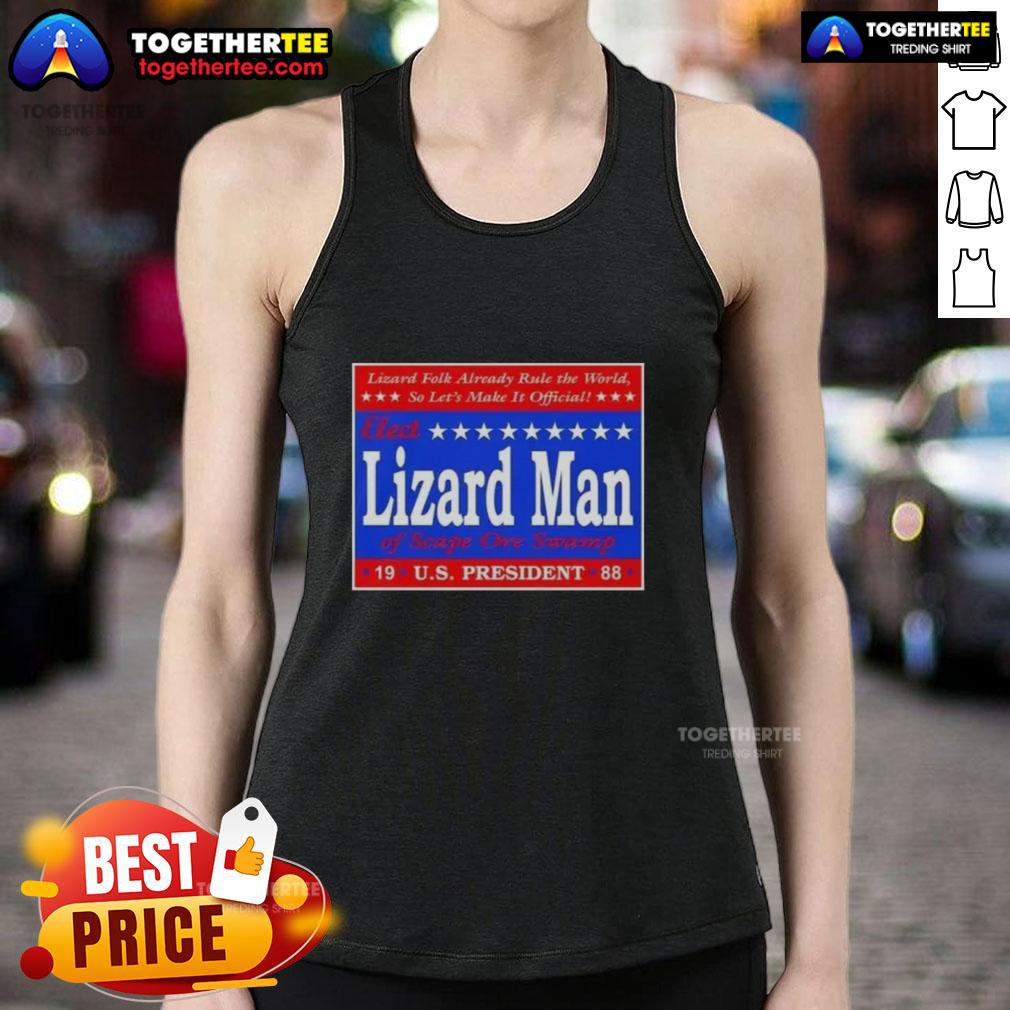 Good Vote Lizard Man Of Scape Ore Swamp Us President 1988 Tank Top Good Vote Lizard Man of Scape Ore Swamp 1988 US President tank top featuring a whimsical lizard character design.