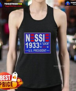 Good Vote Nessie 1933 US President tank top featuring a vintage design of the Loch Ness Monster and patriotic colors.