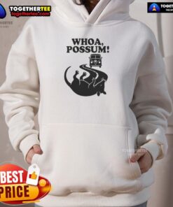 Cozy Good Whoa Possum Hoodie displayed on a hanger, featuring a playful possum graphic and vibrant colors.