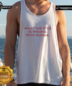 Trendy 'Good Wtf Is Wrong With Russia' tank top design featuring bold text and a stylish fit for casual wear.