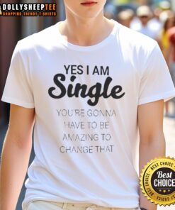 Funny 'Good Yes I Am Single You're Gonna Have To Be Amazing To Change That' T-shirt design for singles.