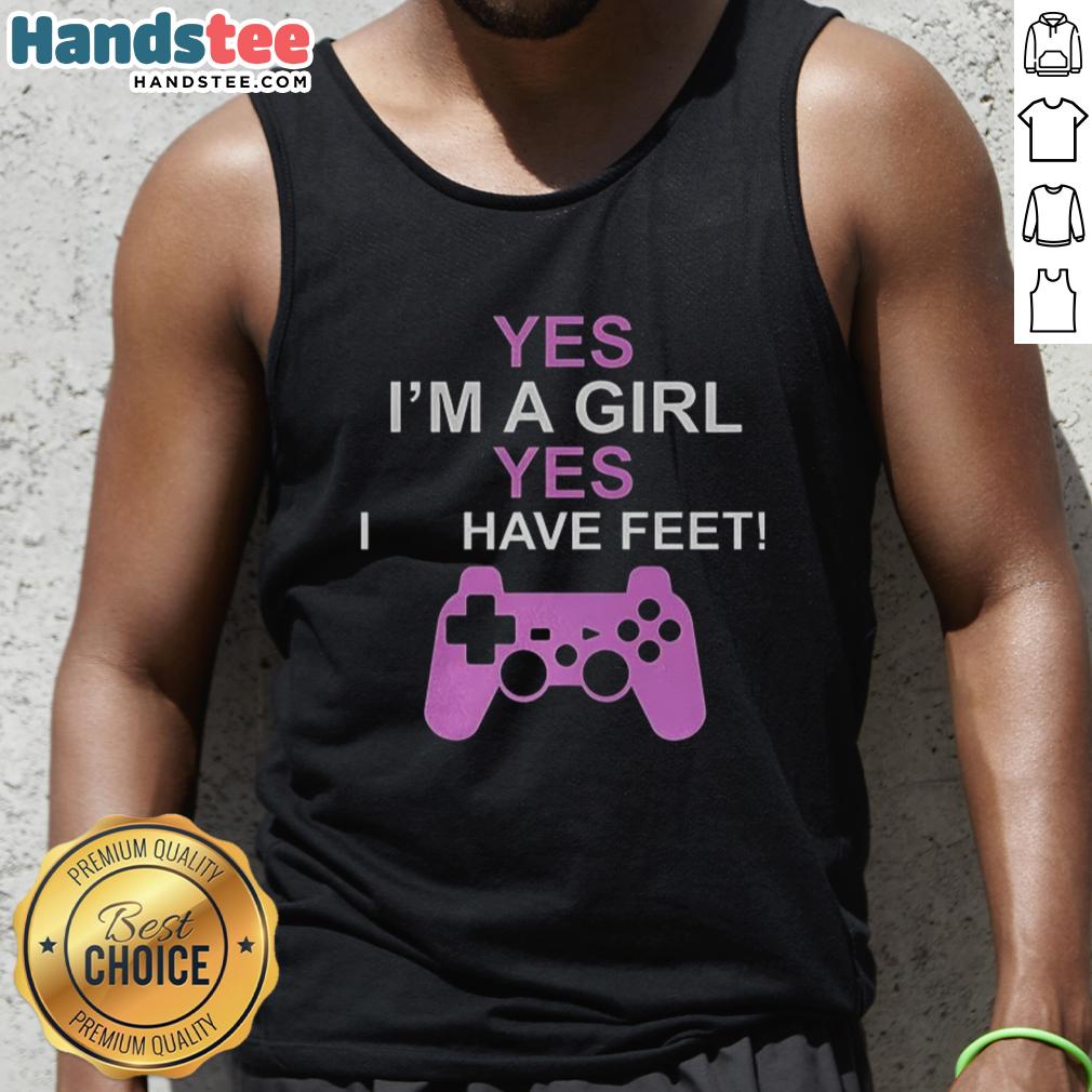 good-yes-im-a-girl-yes-i-have-feet-tank-top Woman wearing a 'Good Yes I'm a Girl Yes I Have Feet' tank top, showcasing casual summer fashion and confidence.