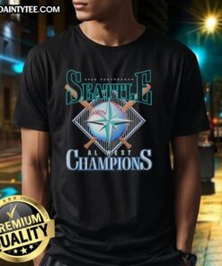 Happy 2025 Postseason Seattle Mariners AL West Champions T-Shirt featuring bold graphics and vibrant team colors.