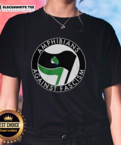 Happy amphibians against fascism design on a frog flag ladies tee, promoting unity and positivity in fashion.