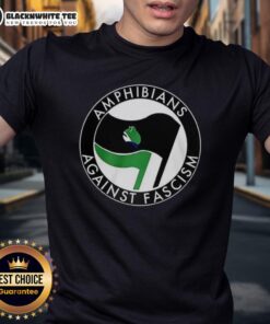 Alt Text: Happy amphibians against fascism on a colorful frog flag t-shirt design promoting unity and inclusivity.