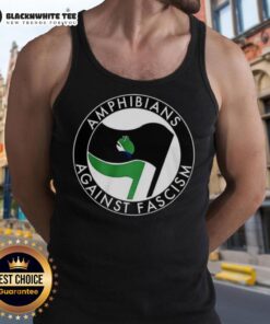 Happy amphibians wearing a frog flag tank top, promoting unity and anti-fascism in a vibrant, colorful design.