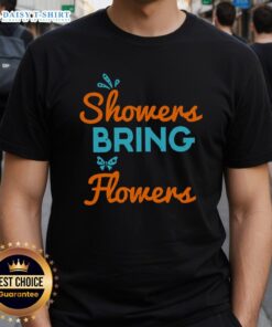 Happy April Showers Bring May Flowers T-Shirt featuring colorful floral design and cheerful typography for spring fashion.