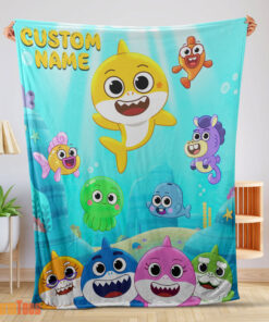 Happy Baby Shark & Friends Poster Yellow Text Blanket Fleece Customized Blanket