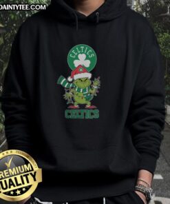 Happy Boston Celtics Christmas Grinch Santa hat hoodie for the holiday season 2025, perfect for festive fans.