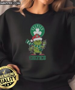 Happy Boston Celtics Christmas sweatshirt featuring Grinch in a Santa hat, perfect for holiday cheer in 2025.