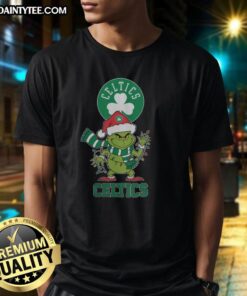 Happy Boston Celtics Christmas Grinch wearing Santa hat on a festive 2025 holiday T-Shirt design.