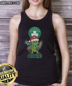 Happy Boston Celtics Christmas tank top featuring Grinch in a Santa hat, perfect for holiday cheer in 2025.