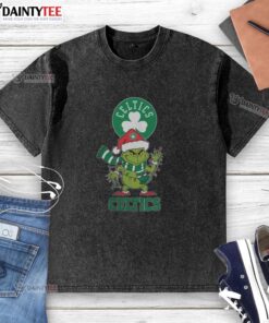 Happy Boston Celtics Christmas t-shirt featuring Grinch in Santa hat, perfect for holiday cheer in 2025.