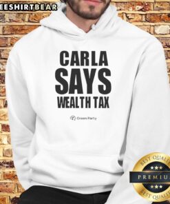 Happy Carla wearing a wealth tax hoodie, promoting financial fairness and social equity in a vibrant outdoor setting.
