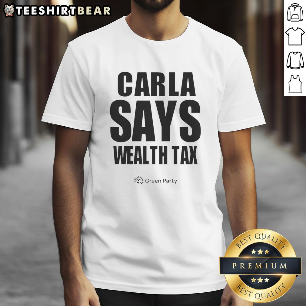 Happy Carla Says Wealth Tax T Shirt Happy Carla wearing a 'Wealth Tax' T-shirt, promoting economic equality and social justice in a vibrant design.