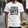 Happy Carla wearing a 'Wealth Tax' T-shirt, promoting economic equality and social justice in a vibrant design.