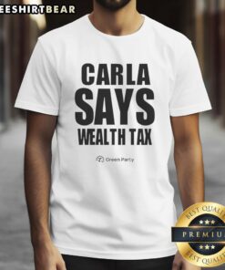 Happy Carla wearing a 'Wealth Tax' T-shirt, promoting economic equality and social justice in a vibrant design.