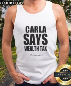 Happy Carla wearing a 'Wealth Tax' tank top, promoting financial equality and social justice with a cheerful smile.