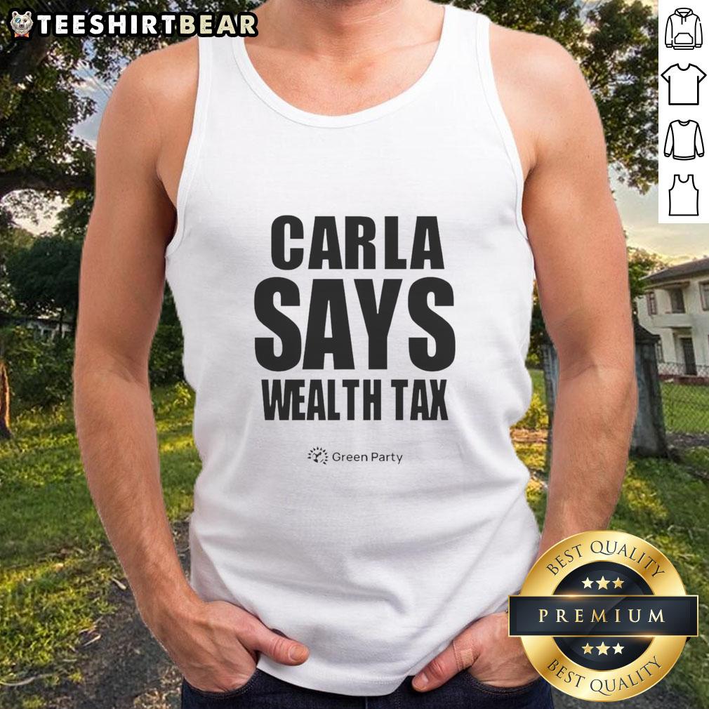 Happy Carla Says Wealth Tax Tank Top Happy Carla wearing a 'Wealth Tax' tank top, promoting financial equality and social justice with a cheerful smile.