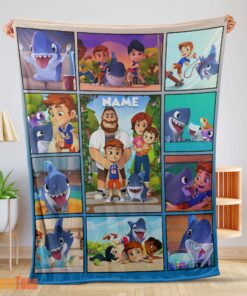 Happy Cartoon Sharkdog With Family Blanket Fleece Customized Blanket