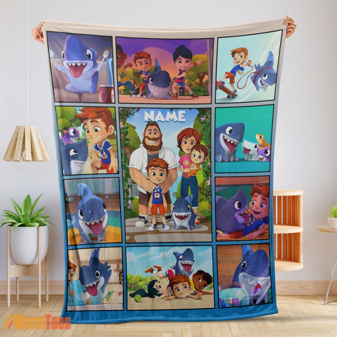 happy-cartoon-sharkdog-with-family-blanket-fleece-customized-blanket-mk-01-1 Happy Cartoon Sharkdog With Family Blanket Fleece Customized Blanket
