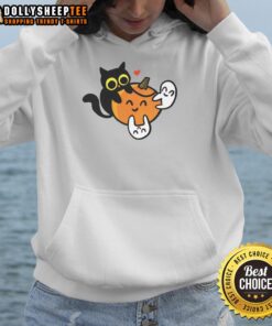Happy cat wearing a pumpkin love ghosts hoodie, perfect for Halloween festivities and cozy vibes.