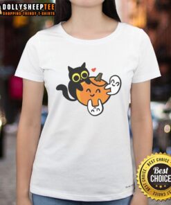 Happy cat with pumpkins and ghost designs on a ladies tee, perfect for Halloween celebrations and cat lovers.