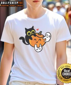 Happy Cat Pumpkin Love Ghosts T-Shirt featuring a playful cat with pumpkins and ghosts, perfect for Halloween enthusiasts.