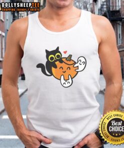 Happy cat in a pumpkin-themed tank top with ghost designs, perfect for Halloween celebrations and cat lovers.