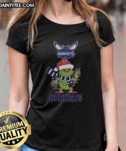 Happy Charlotte Hornets Christmas tee featuring Grinch and Santa hat design for ladies, perfect for holiday 2025 celebrations.
