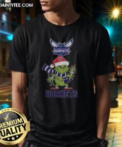 Happy Charlotte Hornets Christmas Grinch wearing Santa hat on holiday 2025 T-Shirt, perfect for festive fans.