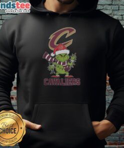 Happy Cleveland Cavaliers Christmas hoodie featuring Grinch and Santa hat design for the 2025 holiday season.