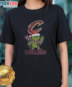 Happy Cleveland Cavaliers Christmas tee featuring Grinch and Santa hat design for women, perfect for holiday 2025.