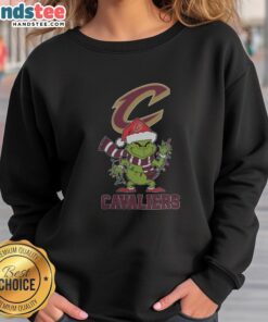 Happy Cleveland Cavaliers Christmas sweatshirt with Grinch design and Santa hat for the holiday season 2025.