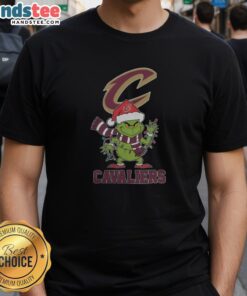 Happy Cleveland Cavaliers Christmas Grinch Santa Hat Holiday 2025 T-Shirt design featuring festive graphics and team colors.