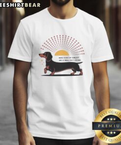 Happy Dachshund dog wearing 'Make Room For Sunlight And A Small Dog's Dreams' t-shirt, radiating joy and positivity.