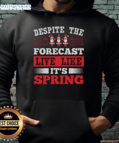 Happy Despite The Forecast hoodie featuring a cheerful spring Christmas design, perfect for festive, cozy wear.