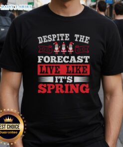 Happy Despite The Forecast T-Shirt featuring a spring Christmas design, perfect for festive and cheerful celebrations.